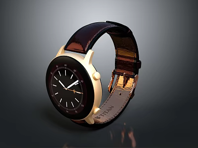 Elegant Modern Watch With Leather Strap Gold Case And Black Dial Timepiece 3d model