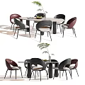 Modern Dining Table Set With Mixed Color Chairs And Potted Plant 3d model