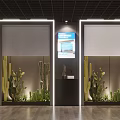 Modern Reception Space Featuring Display Screen Blue Roller Shutters And Cacti Plants