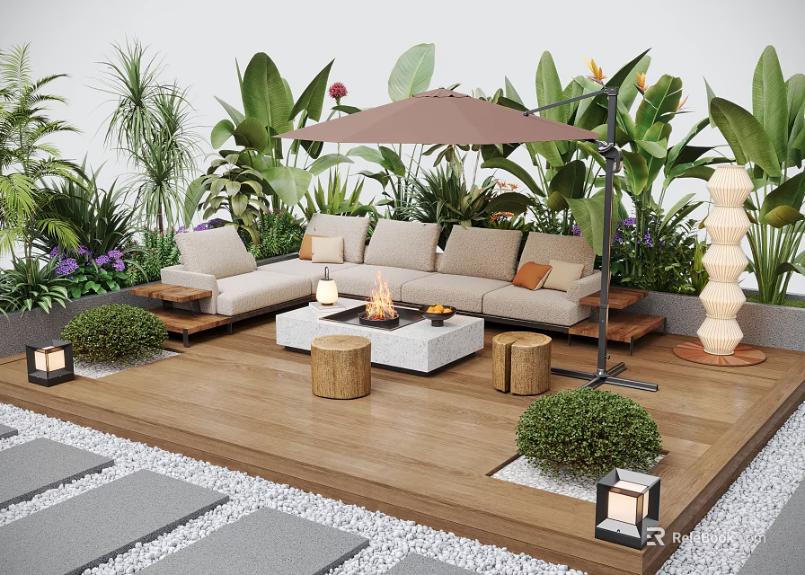 Serene Garden Patio with Wooden Deck L-shaped Sofa Fire Pit Brown Umbrella and Green Plants 3d model 