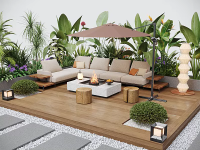 Serene Garden Patio with Wooden Deck L-shaped Sofa Fire Pit Brown Umbrella and Green Plants 3d model