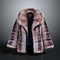Luxury Fur Coat with Purple and White Striped Design Soft Fluffy Collar Elegant Winter Outerwear