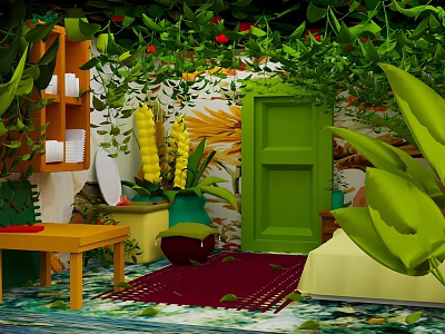 Cartoon Scene With Green Door Lush Plants Wooden Shelf Red Carpet And Yellow Sofa 3d model