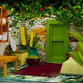 Cartoon Scene With Green Door Lush Plants Wooden Shelf Red Carpet And Yellow Sofa