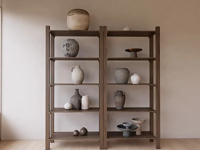 Minimalist Wooden Shelving Unit Displaying Ceramic Vases And Decorative Pottery On Light Walls 3d model