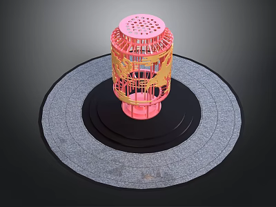 Pink Birdcage With Gold Decorative Patterns On Circular Black And Gray Mats 3d model