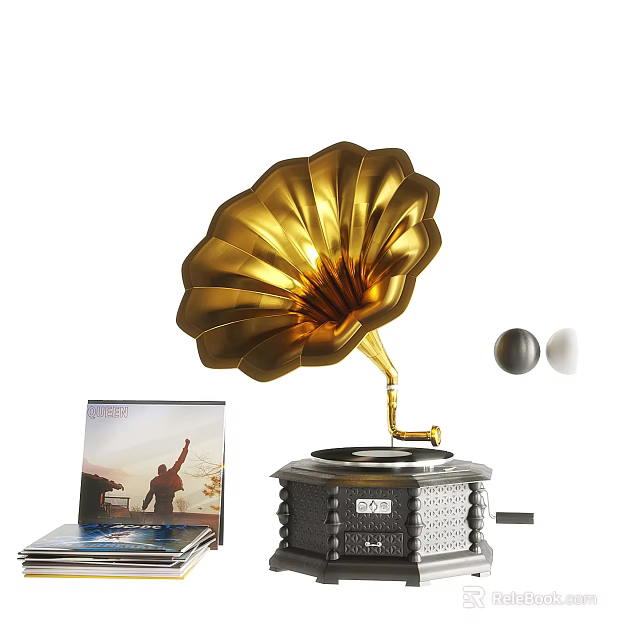 Vintage Golden Gramophone Speaker with Vinyl Record and Music Cover Featuring Person 3d model 