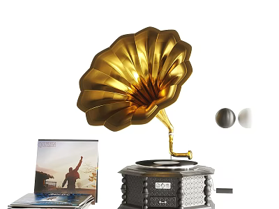 Vintage Golden Gramophone Speaker with Vinyl Record and Music Cover Featuring Person 3d model