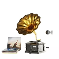 Vintage Golden Gramophone Speaker with Vinyl Record and Music Cover Featuring Person