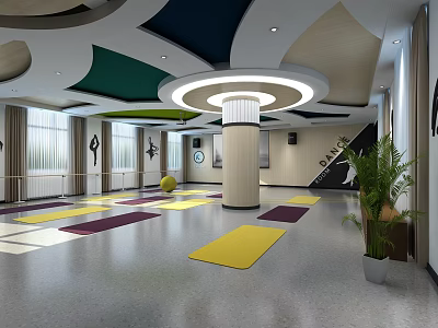 Modern Cultural Center Interior With Colorful Floor Mats Round Column And Natural Light 3d model