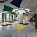 Modern Cultural Center Interior With Colorful Floor Mats Round Column And Natural Light