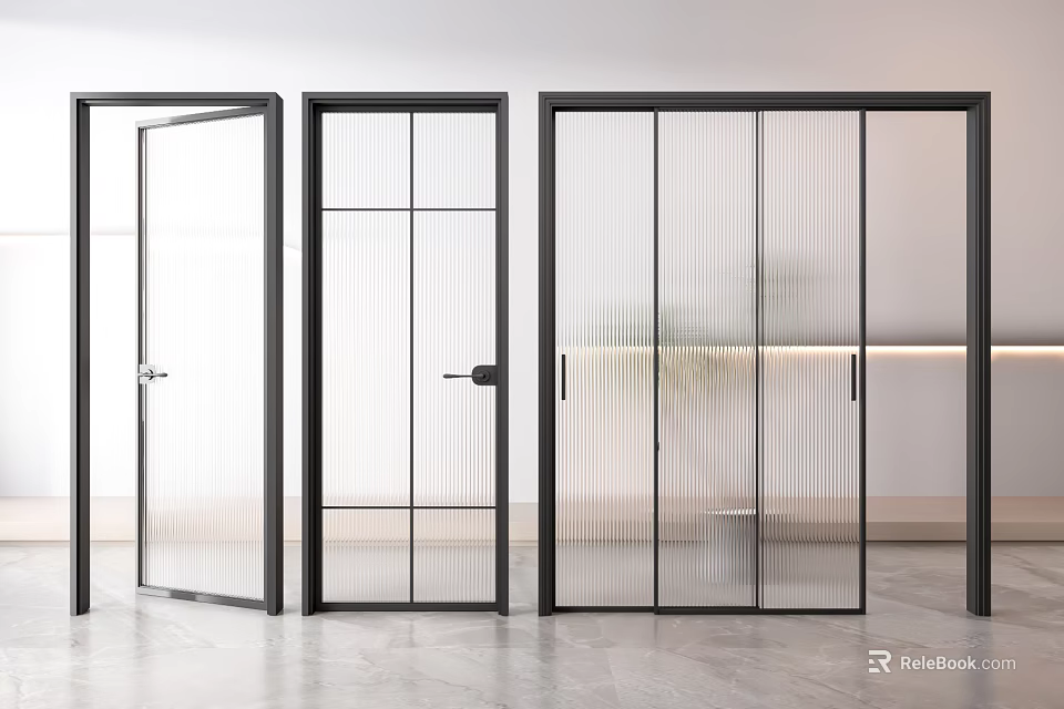 Modern Interior Glass Doors With Black Frame And Different Glass Patterns 3d model