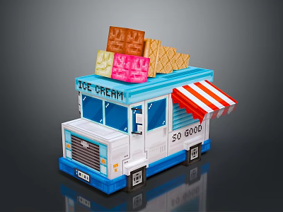 Blue And White Ice Cream Truck With Red White Striped Awning And Waffles On Top 3d model