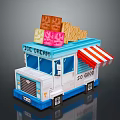 Blue And White Ice Cream Truck With Red White Striped Awning And Waffles On Top