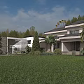 Modern Luxury Villa Exterior With Spacious Green Lawn And Lush Greenery Under Clear Blue Sky