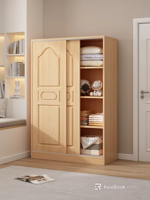 Modern Wooden Wardrobe With Double Doors and Shelves for Folded Clothes Pillows and Stuffed Toys 3d model 