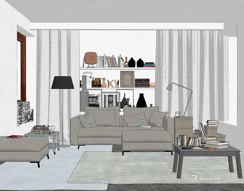 Modern Sofa and Coffee Table Set With Bookshelf Floor Lamp Curtains and Rug 3d model 