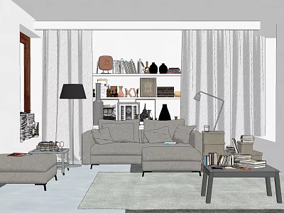 Modern Sofa and Coffee Table Set With Bookshelf Floor Lamp Curtains and Rug 3d model