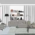 Modern Sofa and Coffee Table Set With Bookshelf Floor Lamp Curtains and Rug
