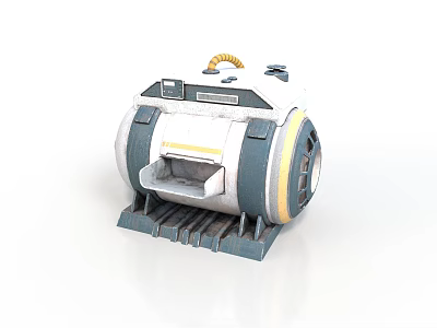Futuristic Sci-Fi Machine With White Gray Body Yellow Stripes Spiral Top Gray Base Open Compartment 3d model