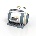 Futuristic Sci-Fi Machine With White Gray Body Yellow Stripes Spiral Top Gray Base Open Compartment