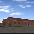 Red Brick Industrial Plant With Red Roof Single Story Windows Spacious Square Under Blue Sky