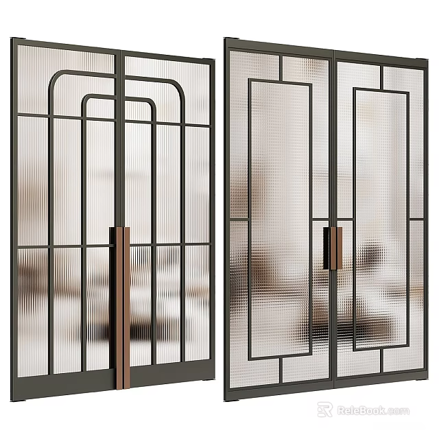 Modern Double Doors With Metal Frame And Frosted Glass Panels Design 3d model 