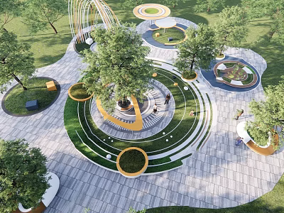 Garden Landscape Design With Circular Paths Trees And Paved Seating Areas 3d model