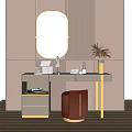 Dressing Table with Oval Mirror with Lights White Countertop Grey Drawers Gold Trim Red Stool