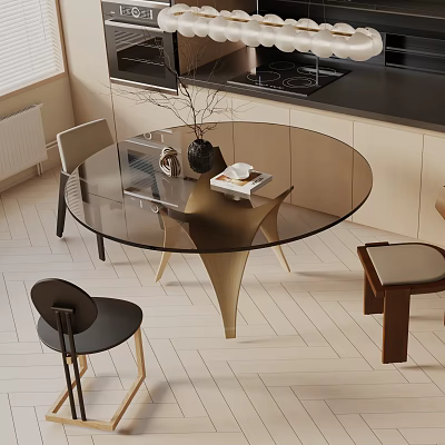 Elegant Modern Round Glass Dining Table Set With Gold Metal Legs And Stylish Black Chairs 3d model
