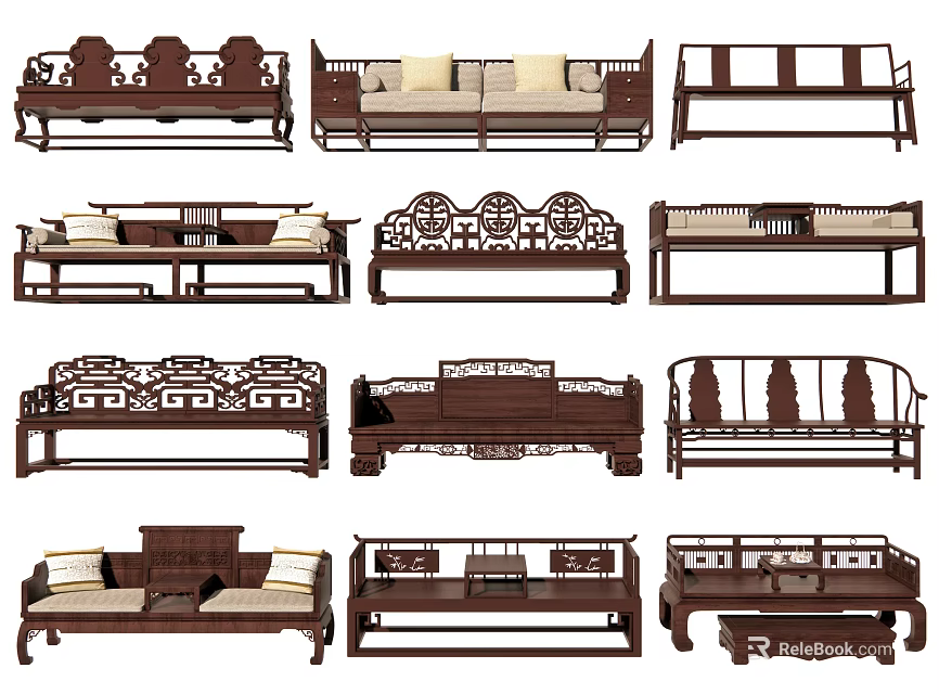 Traditional Chinese Luohan Bed Collection With Wooden Frames And Carved Patterns 3d model