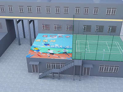 Outdoor Sports Fitness Area With Colorful Activity Court And Green Tennis Court Beside Building Stairs 3d model