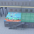 Outdoor Sports Fitness Area With Colorful Activity Court And Green Tennis Court Beside Building Stairs