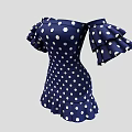 Navy Blue White Polka Dot Dress Off Shoulder Design With Ruffled Sleeves And Hem