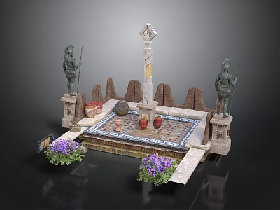 Decorative Courtyard Design With Stone Statues Obelisk Tiled Floor And Purple Flowers 3d model