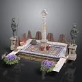 Decorative Courtyard Design With Stone Statues Obelisk Tiled Floor And Purple Flowers