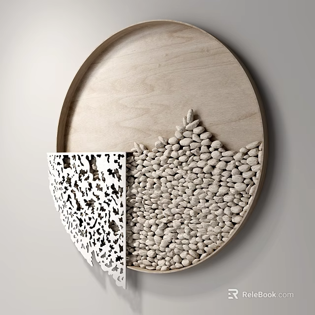 Circular Wooden Frame Wall Decor With Intricate Cutout Pattern And Smooth Pebbles 3d model