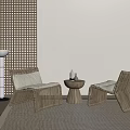 Rattan Chair and Round Side Table Set With Light Cushions Grid Patterned Wall Light Rug
