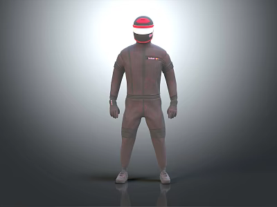 Standing Character In Brown Jumpsuit With Red And White Helmet On Gray Gradient Background 3d model