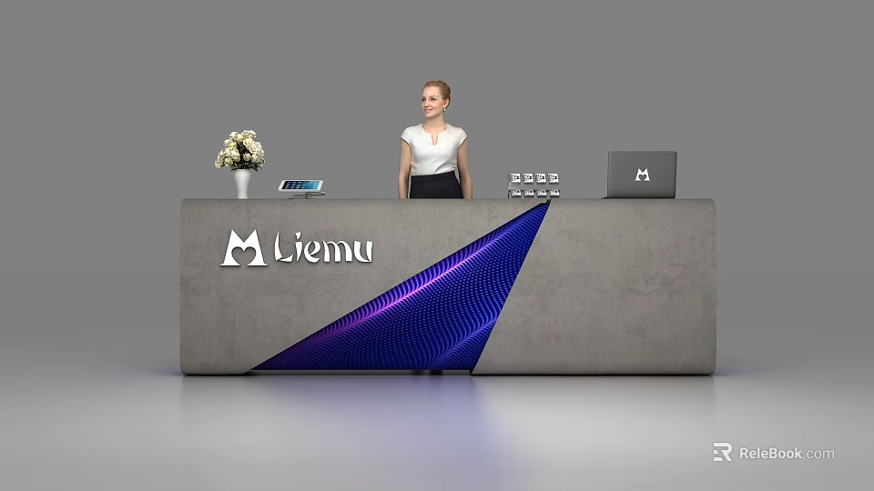 Modern Gray Reception Desk With Blue Geometric Design Flower Vase Laptop And Liemu Logo 3d model 