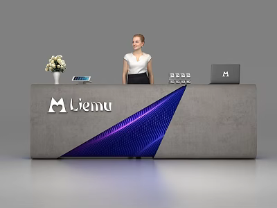 Modern Gray Reception Desk With Blue Geometric Design Flower Vase Laptop And Liemu Logo 3d model