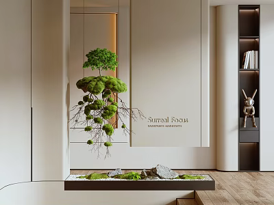 Modern Entryway Hallway Design With Hanging Moss Plant Mirror Decor Wooden Floor Shelf Rabbit Figurine 3d model