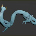 Blue Fantasy Dragon Like Creature Showcasing Yellow Horns Curved Body And Dynamic Stance
