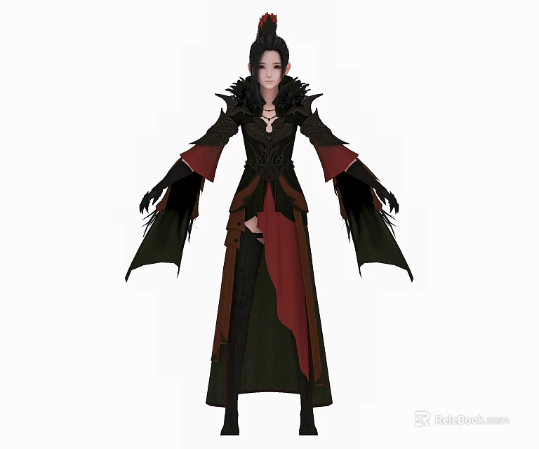 Dark Fantasy Game and Movie Character in Black Red Robe with High Collar and Pointed Sleeves 3d model 
