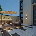 Modern Outdoor Garden With Paved Seating Area Umbrella Red Maple Tree And Green Plants