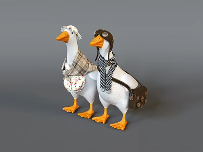 Adorable Duck Dolls Wearing Plaid Coat White Hat and Pilot Hat with Scarf and Bags 3d model