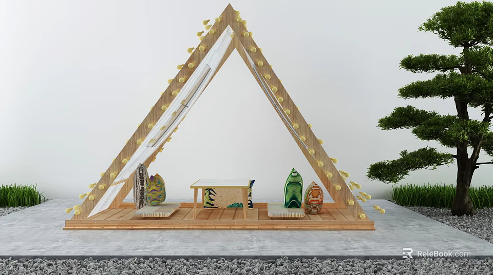 Triangular Wooden Tent With Decorative Elements Table Cushions Green Plants And Gray Gravel 3d model 