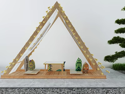 Triangular Wooden Tent With Decorative Elements Table Cushions Green Plants And Gray Gravel 3d model