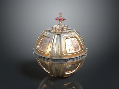 Golden Sphere Weapon With Red Gemstone Cross On Top And Engraved Patterns 3d model