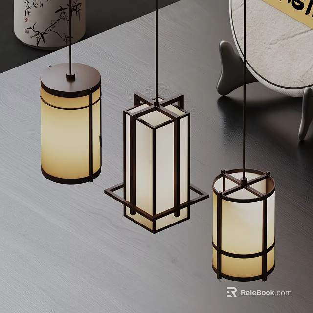 Modern Chinese Style Pendant Lights With Wooden Frame And Linen Shade For Dining Room 3d model 